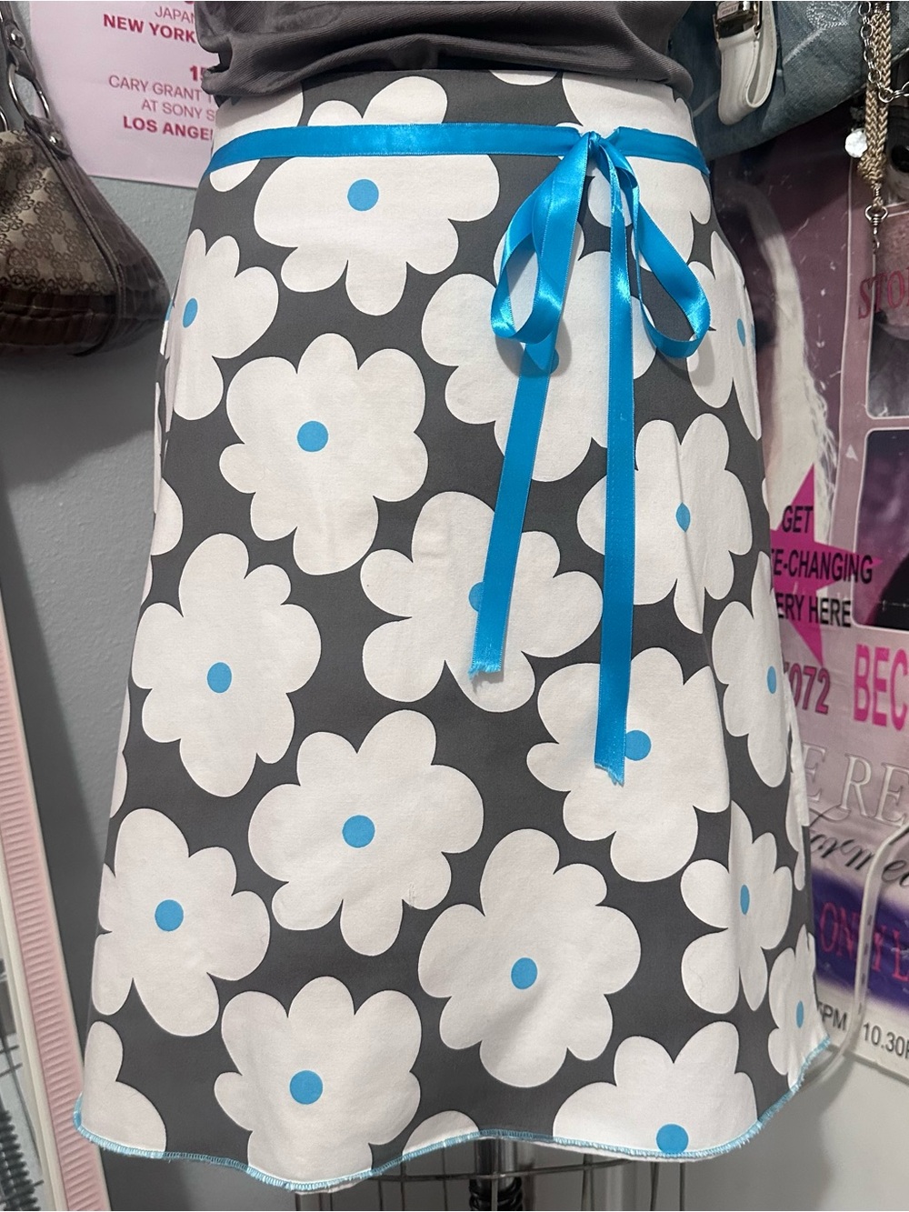 Handmade Floral A-Line Skirt with Blue Ribbon Accent Size 4-8
